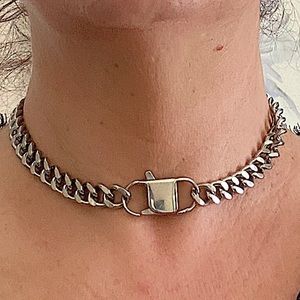 Silver Statement Cuban Chain Link Miami Safety Pin Choker Necklace